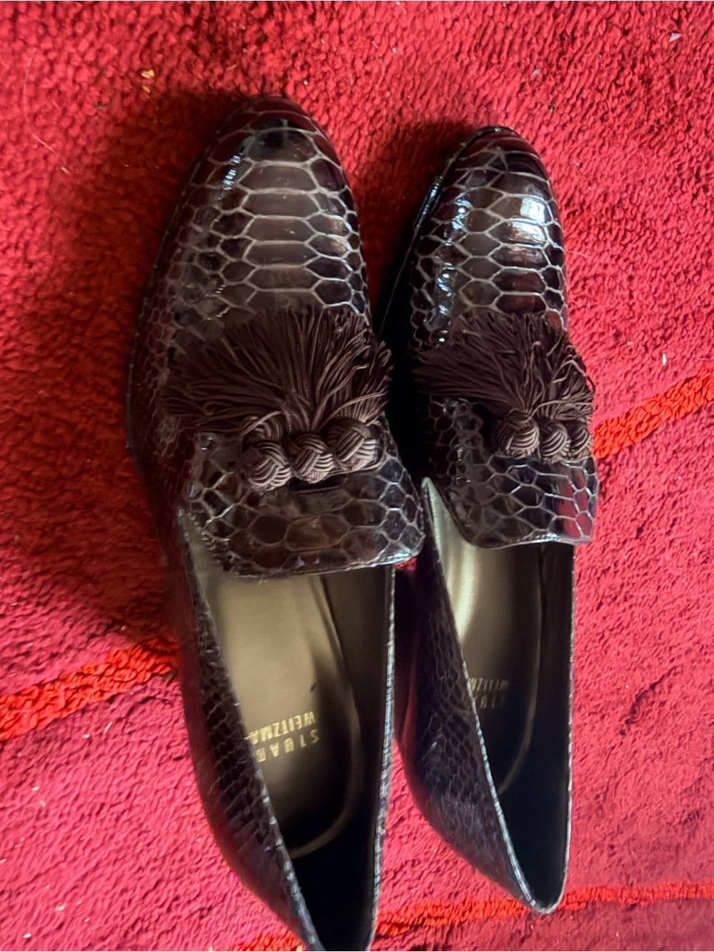 Stuart Weitzman Dark Brown Croc-Embossed Tassel Loafers